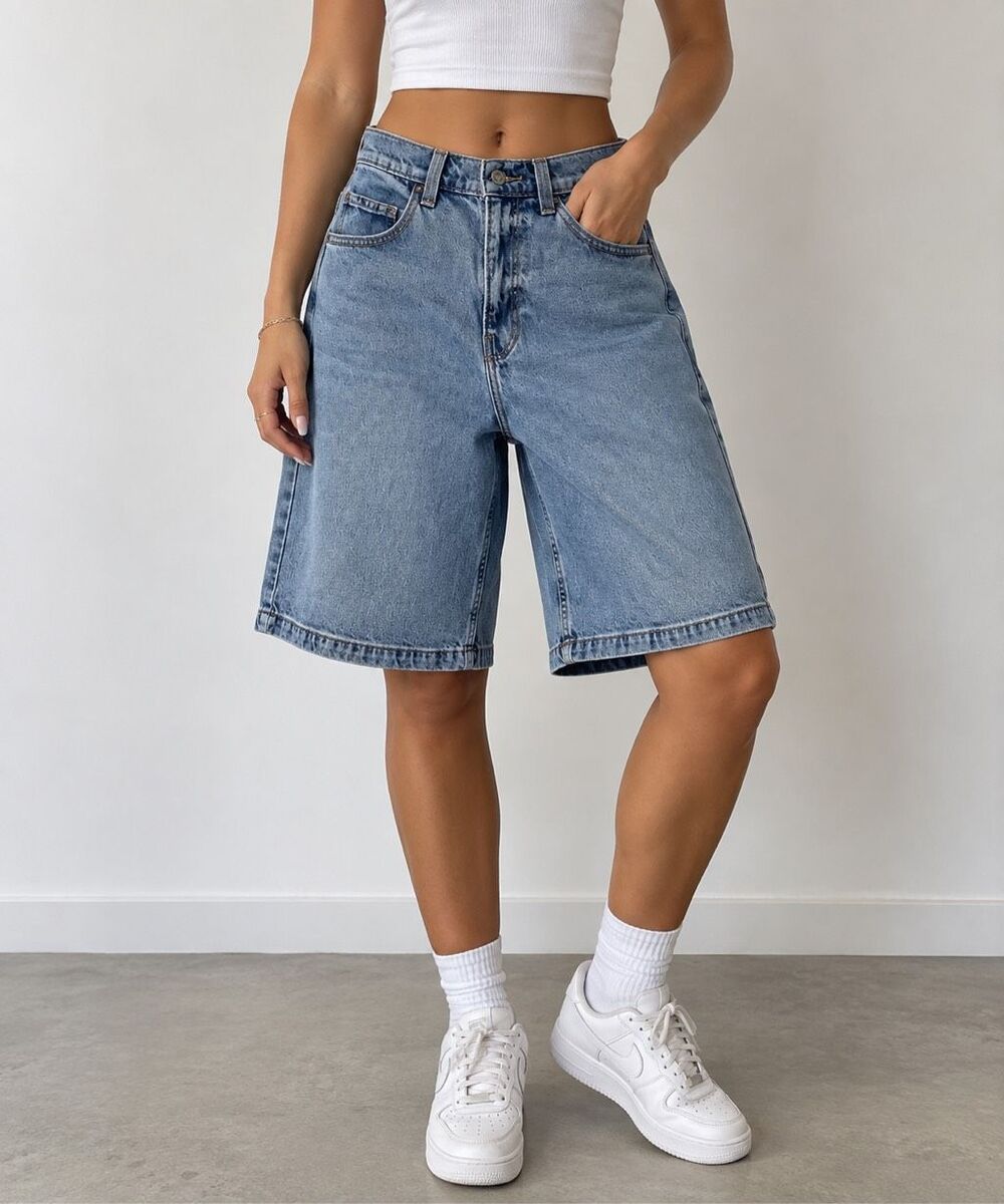 Hollister Baggy Jean Shorts W30 Blue Denim Longline Bermuda Jorts